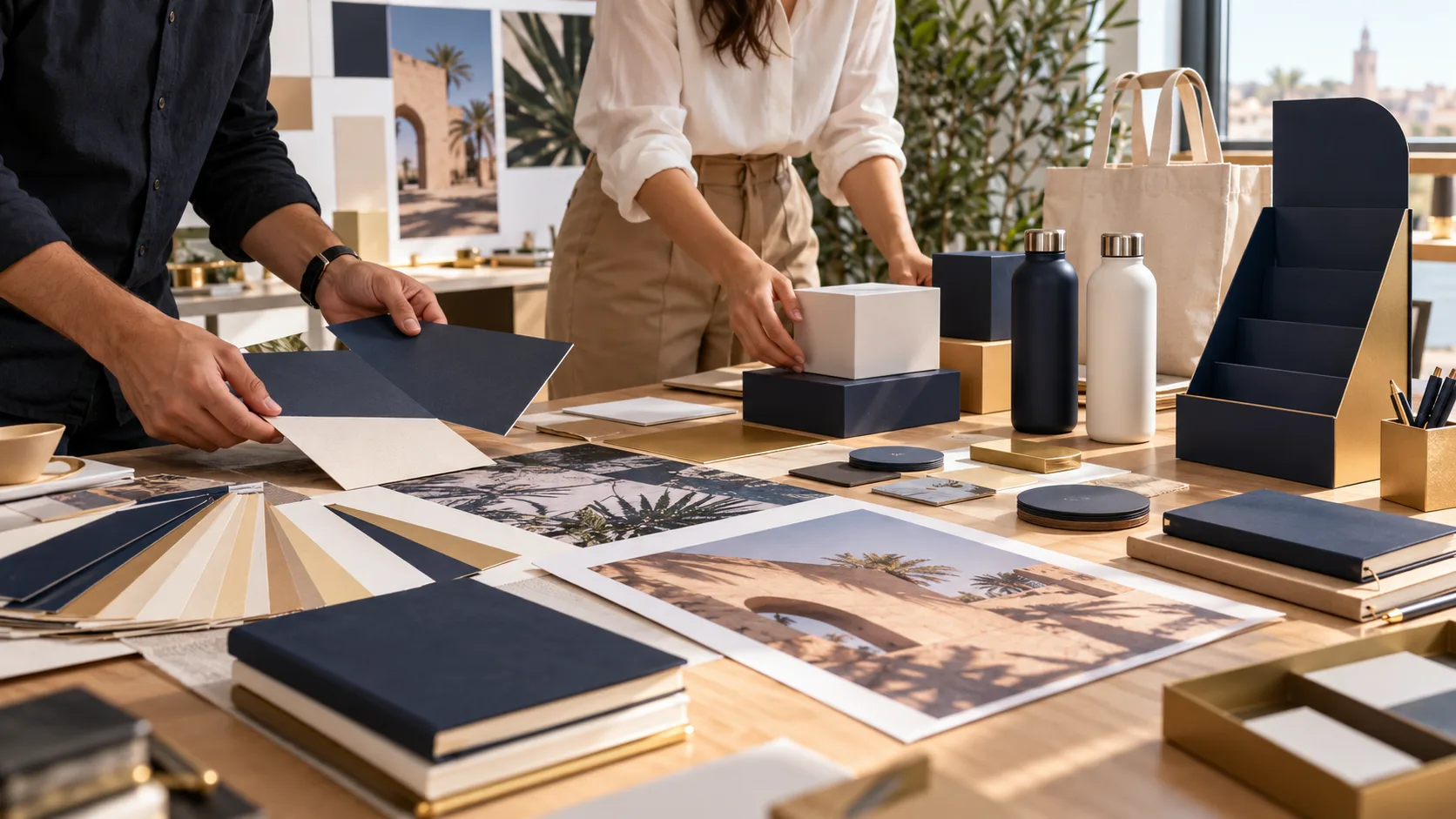 Carnets, bouteilles et accessoires de marque disposés sur une table de présentation